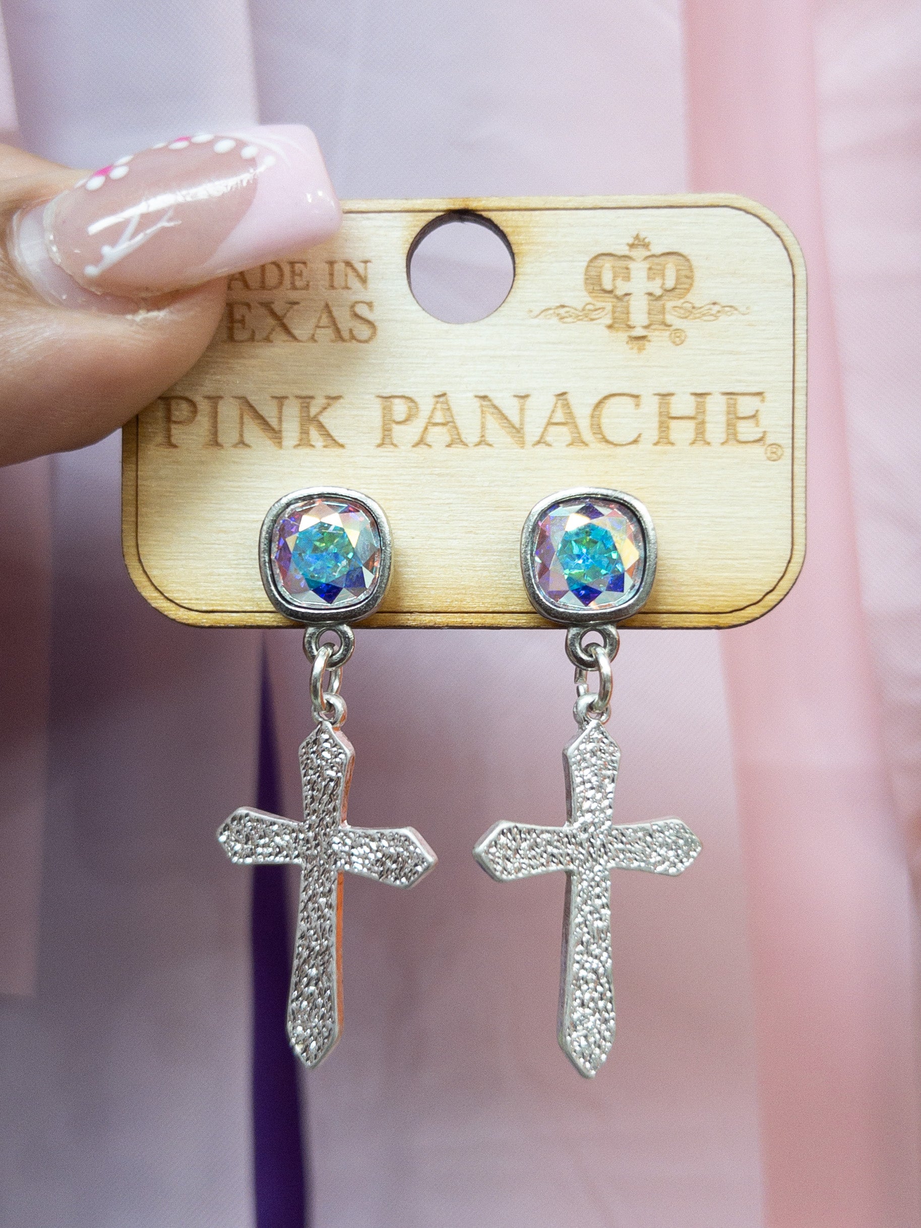 SILVER CROSS WITH GEM PINK PANACHE DANGLES