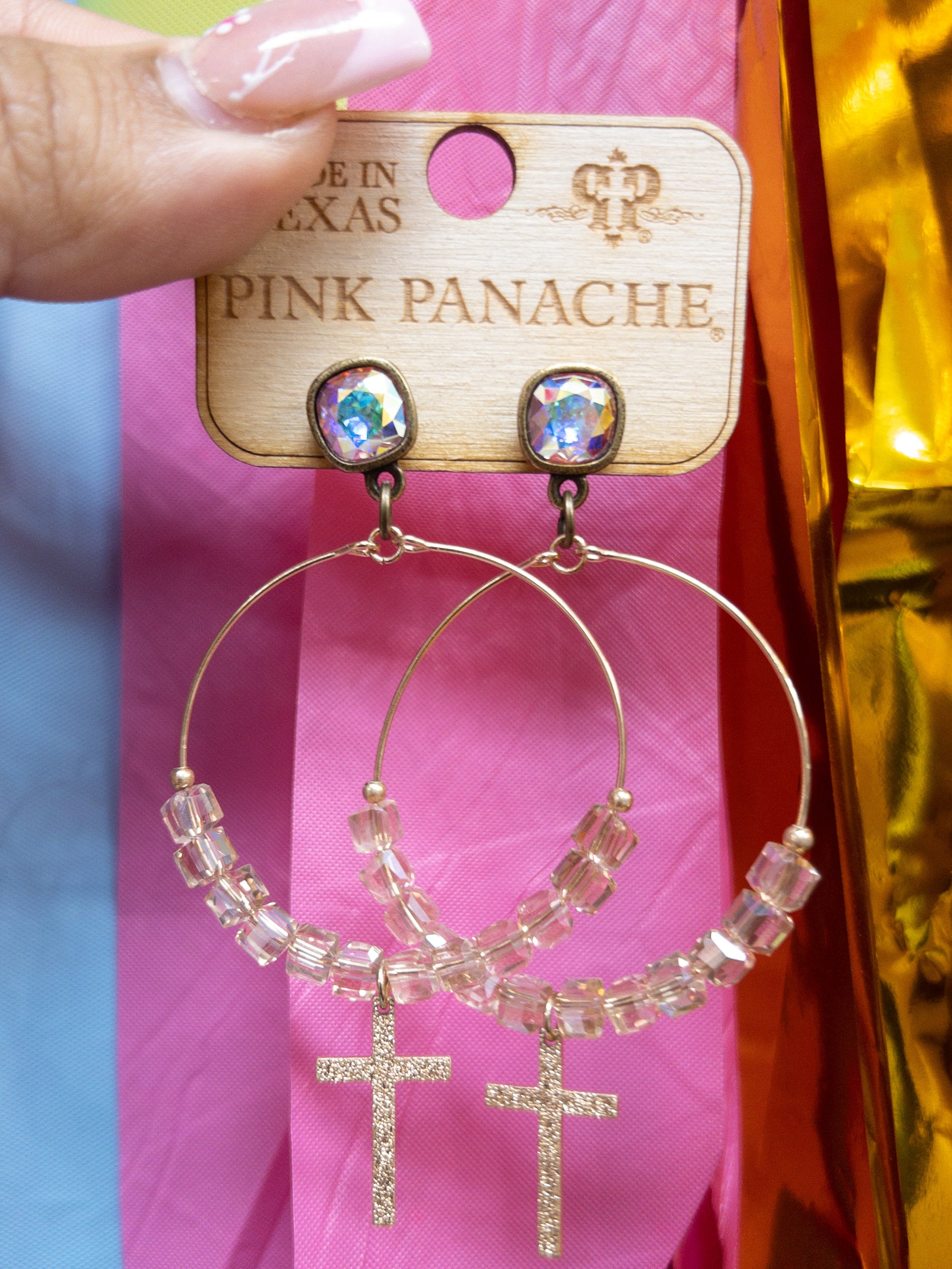 GOLD PINK PANACHE CIRCLE CROSS DANGLES