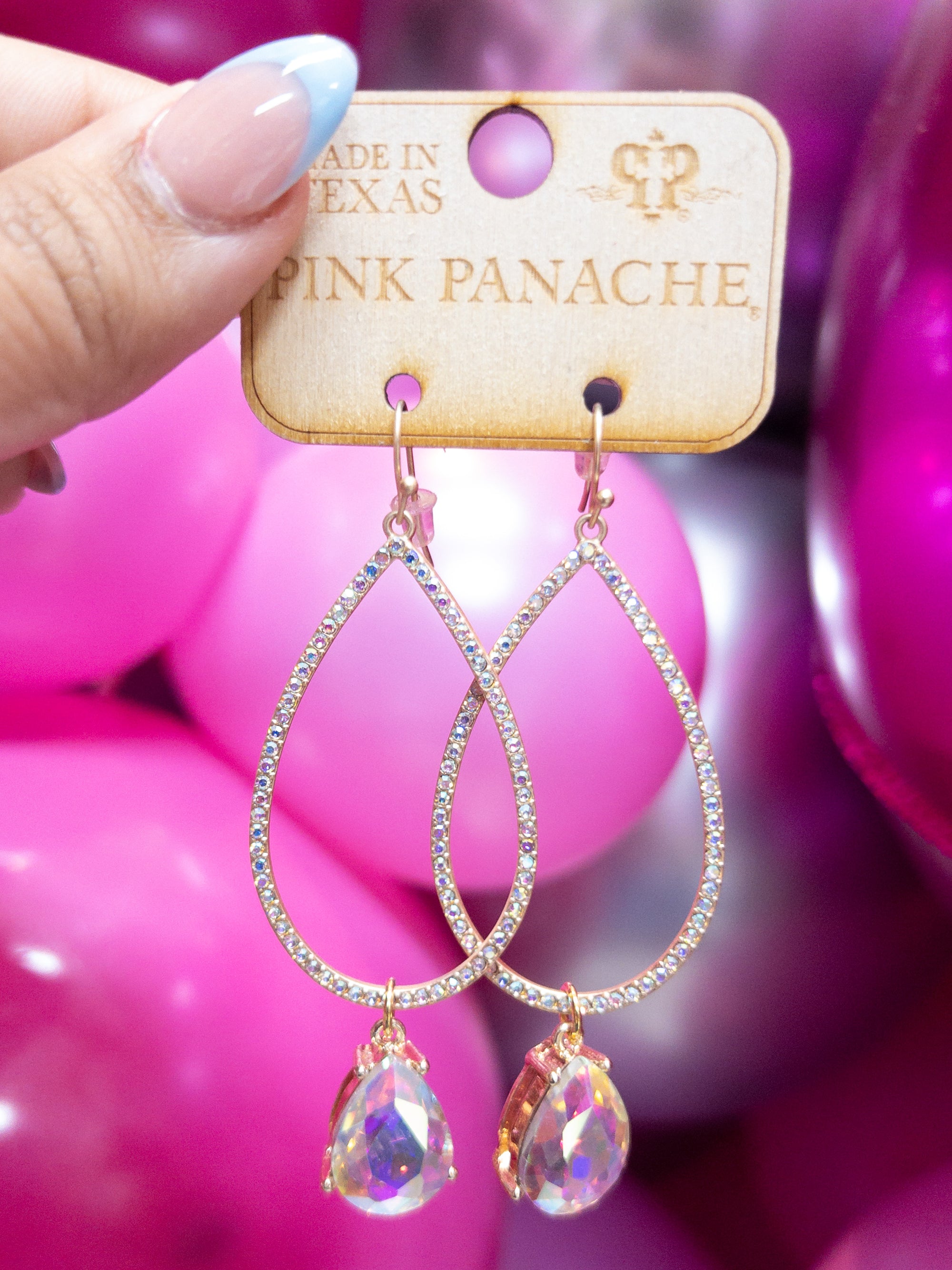 GOLD RHINESTONE IRIDESCENT GEM TEARDROP PINK PANACHE DANGLES