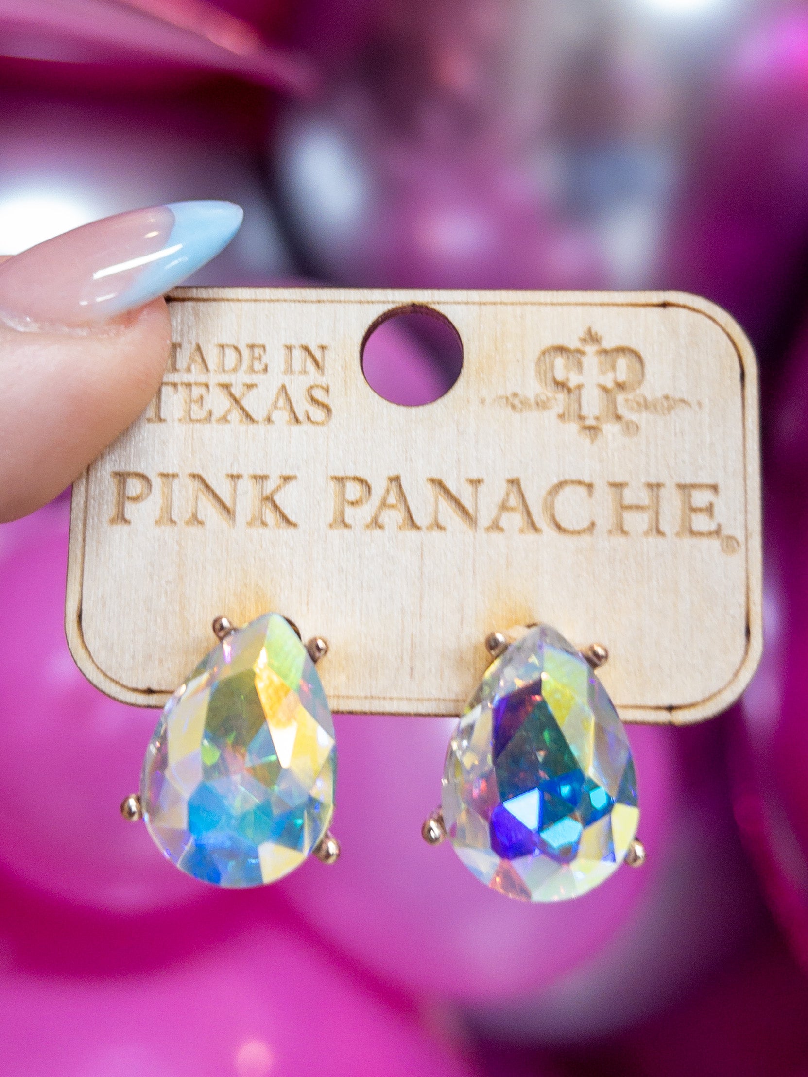 IRIDESCENT GEM TEARDROP PINK PANACHE STUDS