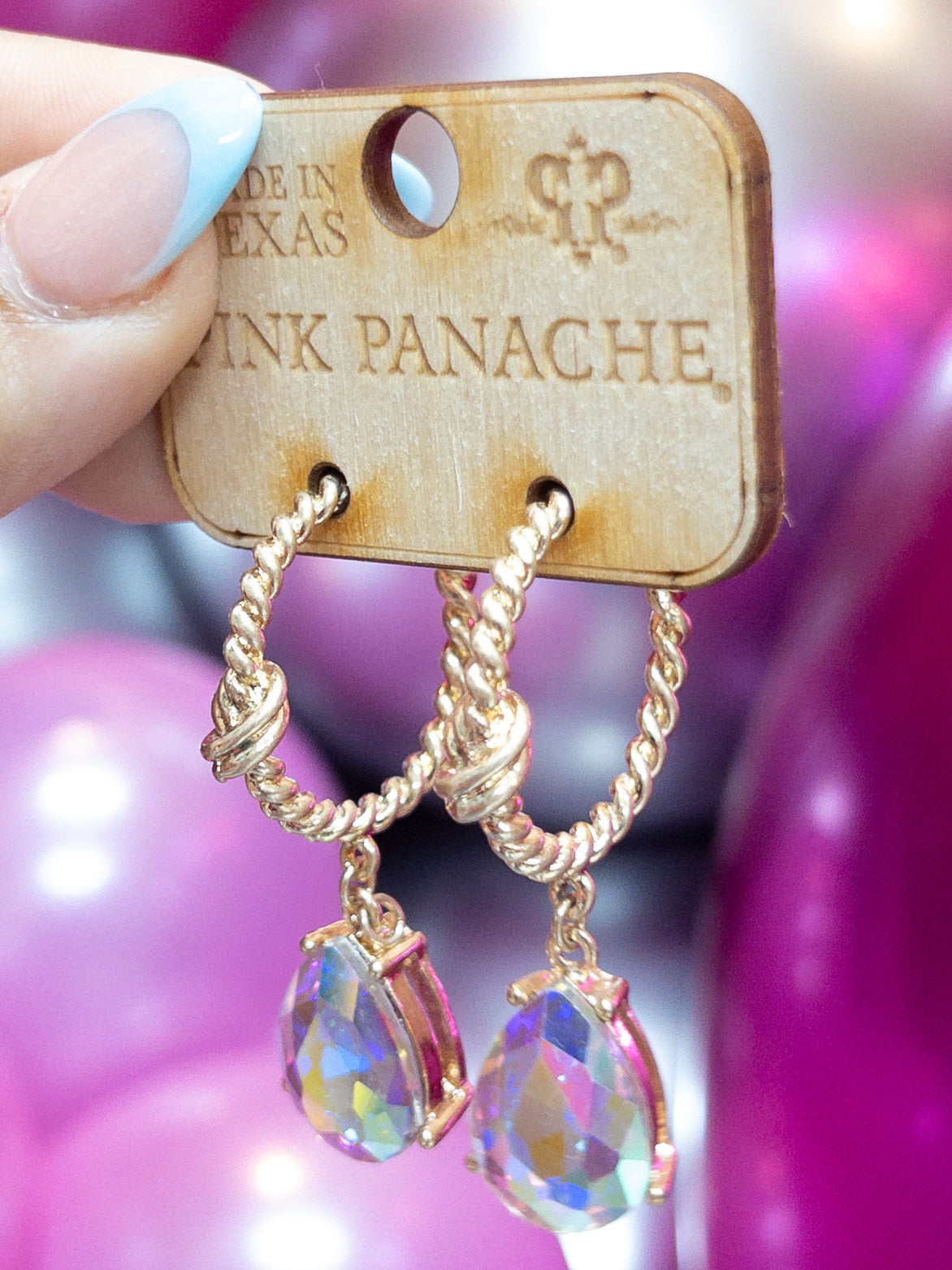 SMALL IRIDESCENT TEARDROP GEM PINK PANACHE HOOPS