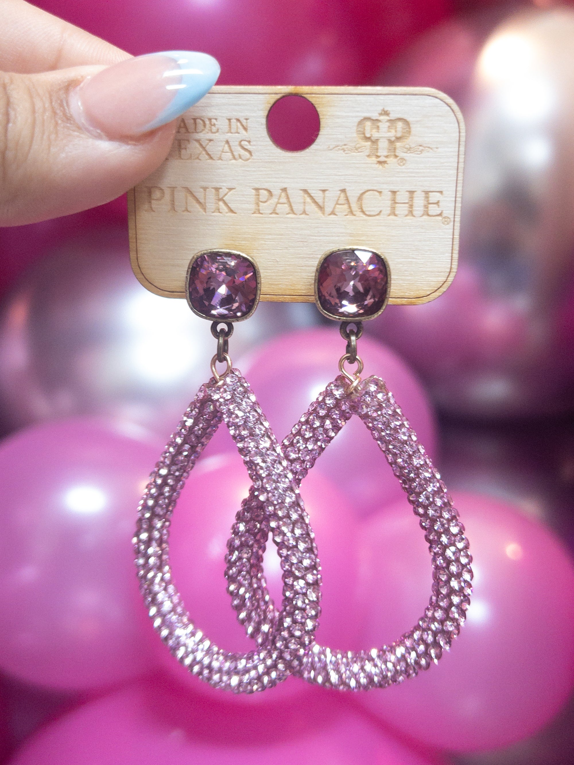 JENNA PLUM RHINESTONE TEARDROP PINK PANACHE DANGLES