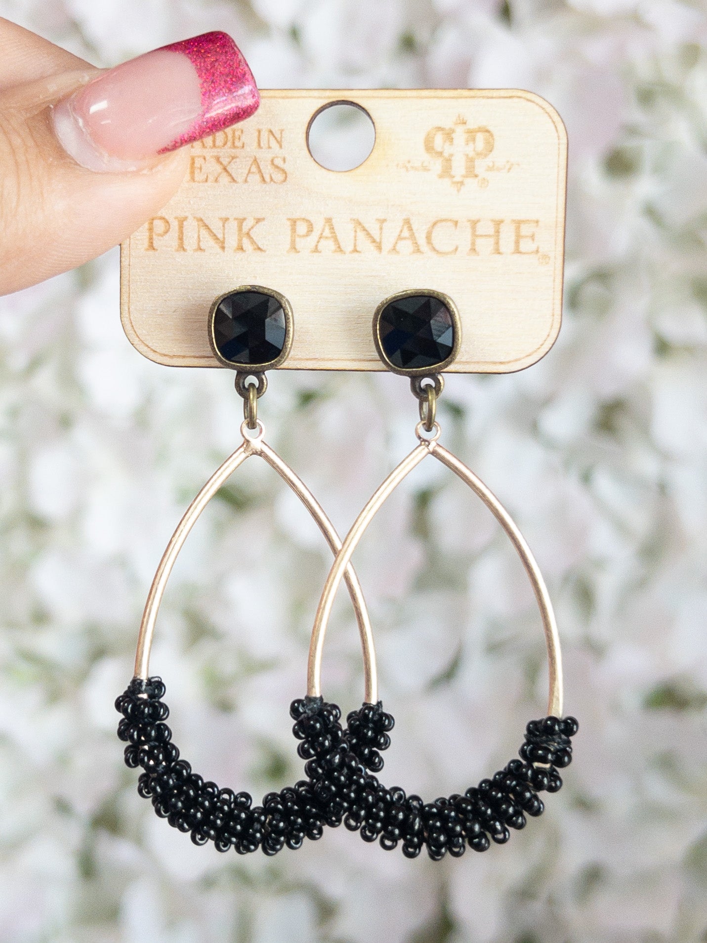 TEARDROP BLACK BEADED PINK PANACHE DANGLES