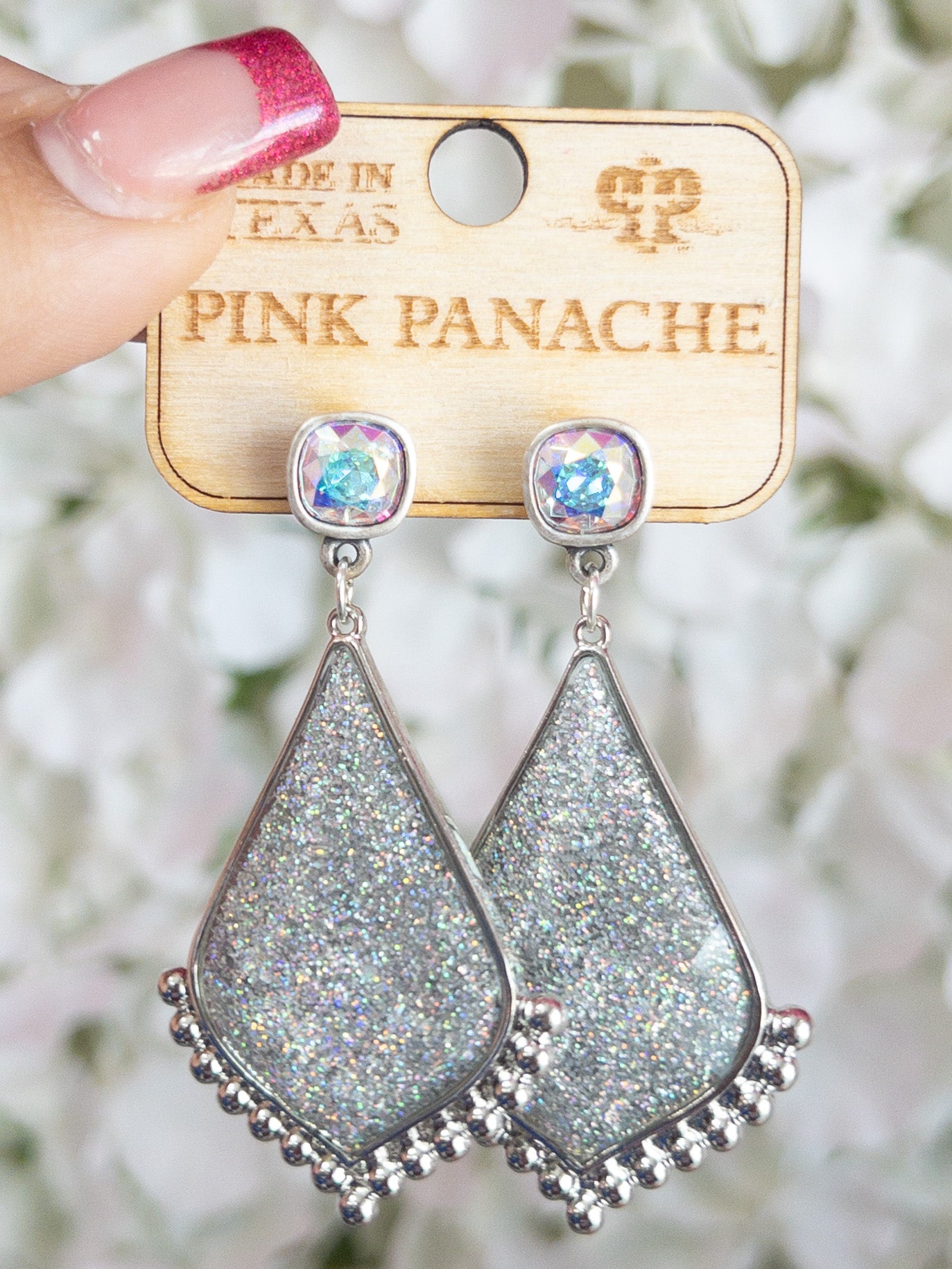 SILVER SPARKLE TEARDROP PINK PANACHE DANGLES