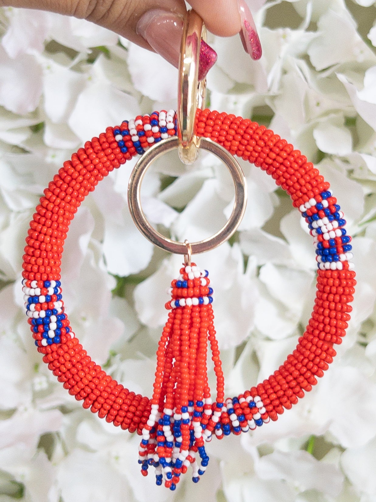 RED W BLUE&WHITE BEADED KEY RING LA CHIC