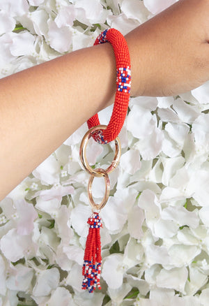 RED W BLUE&WHITE BEADED KEY RING LA CHIC