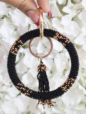 BLACK WITH GOLD ACCENT BEADED KEY RING LA CHIC