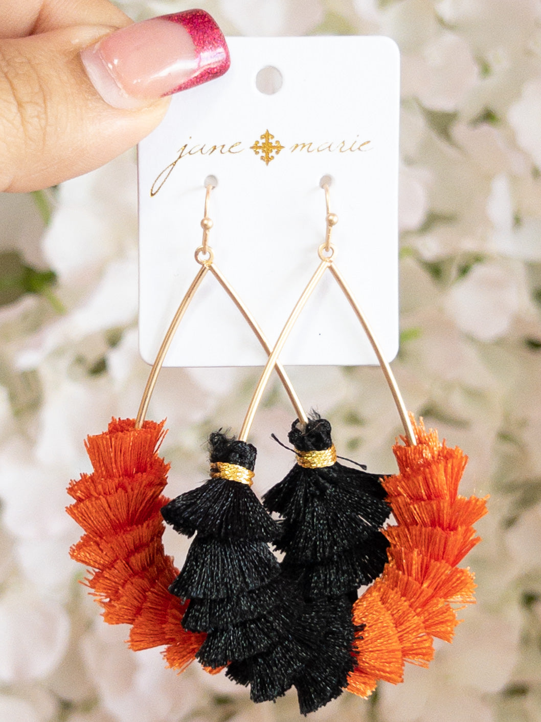 JANE MARIE ORANGE AND BLACK TASSEL FRINGE TEARDROP