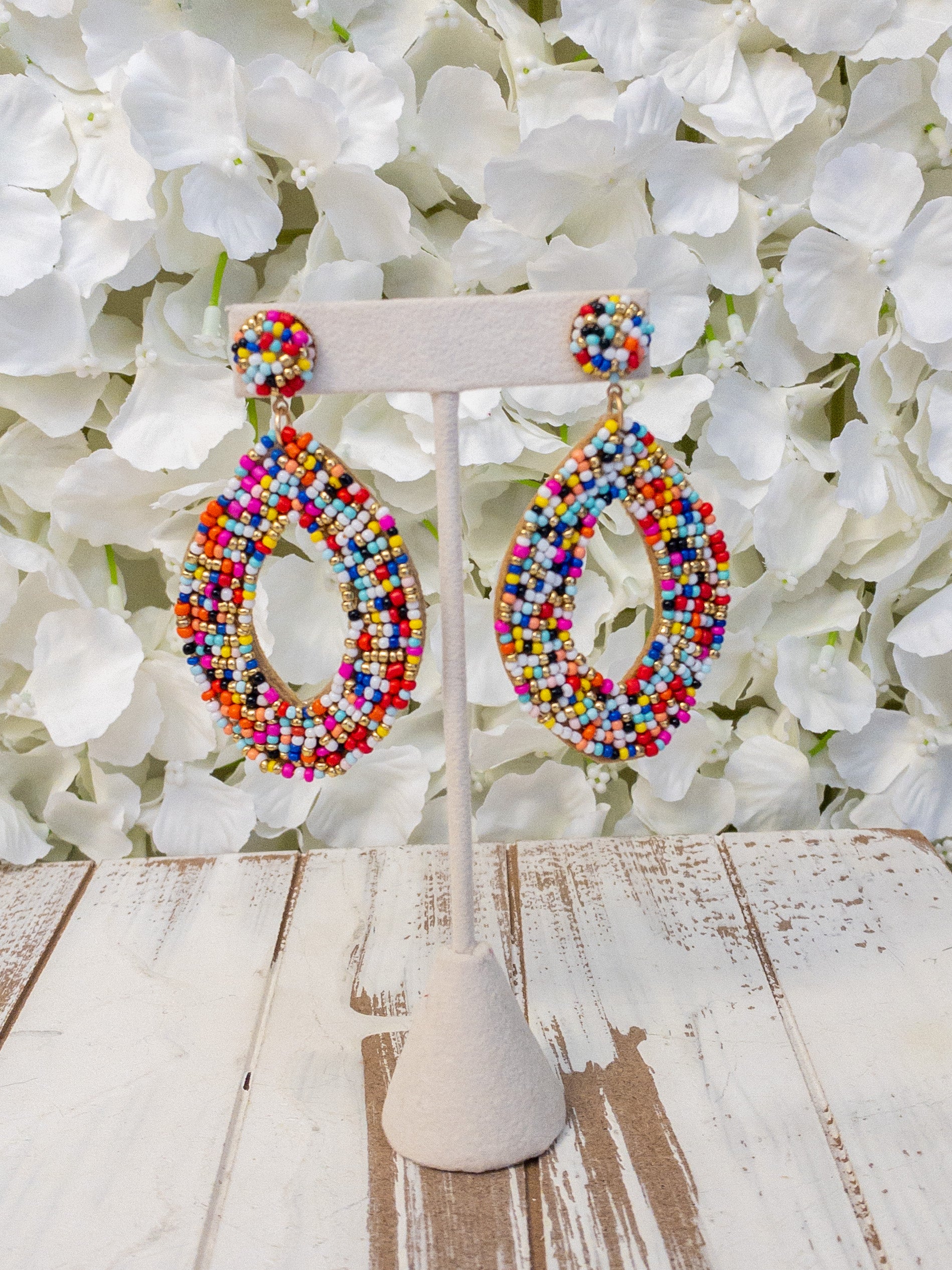 MULTI COLORED BEADED OVAL EARRINGS