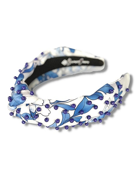 BRIANNA CANNON BLUE AND WHITE CHINOISERIE HEADBAND WITH HAND SEWN BEADS