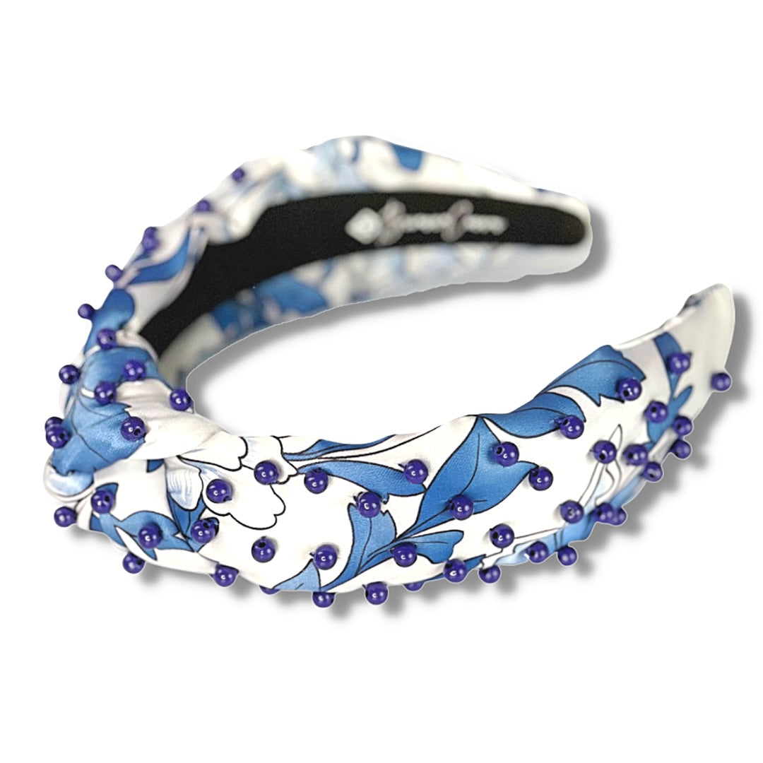 BRIANNA CANNON BLUE AND WHITE CHINOISERIE HEADBAND WITH HAND SEWN BEADS