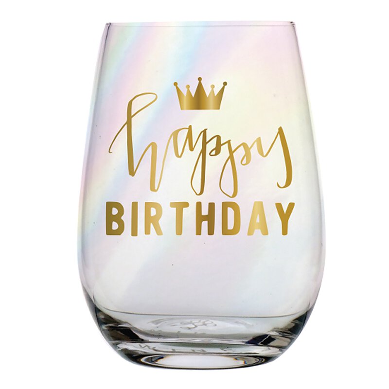 HAPPY BIRTHDAY WINE GLASS WITH GOLD CROWN