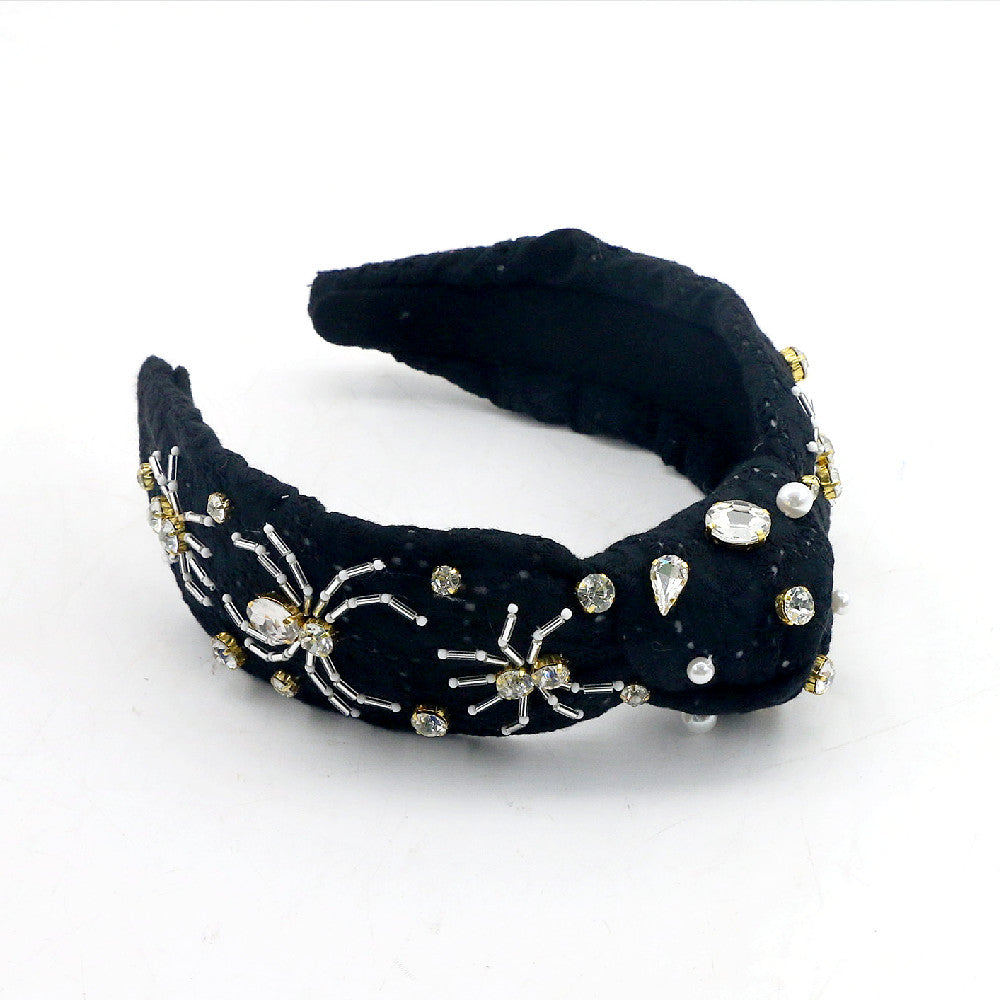 BLACK EYELET HEADBAND WITH CRYSTALS SPIDERS