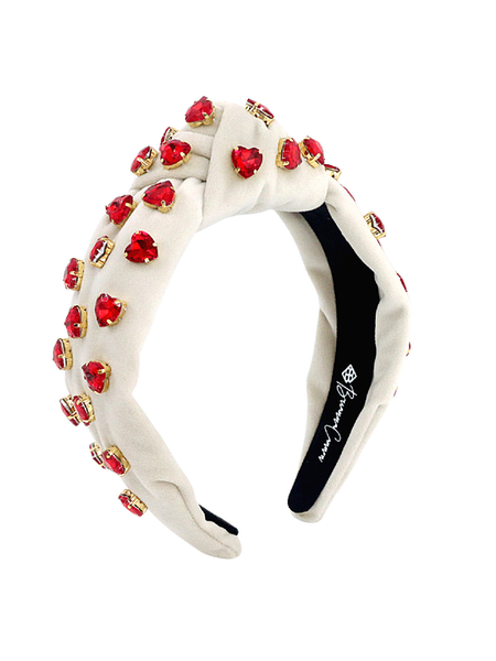 BRIANNA CANNON IVORY VELVET HEADBAND WITH HAND SEWN RED HEART CRYSTALS