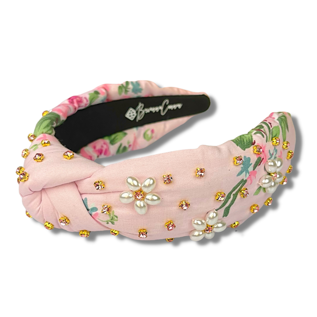 Brianna Cannon Light Pink Floral Headband with Pearl Flowers