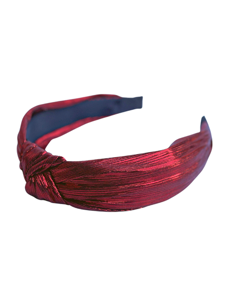 BRIANNA CANNON RED PLEATED METALLIC KNOTTED HEADBAND