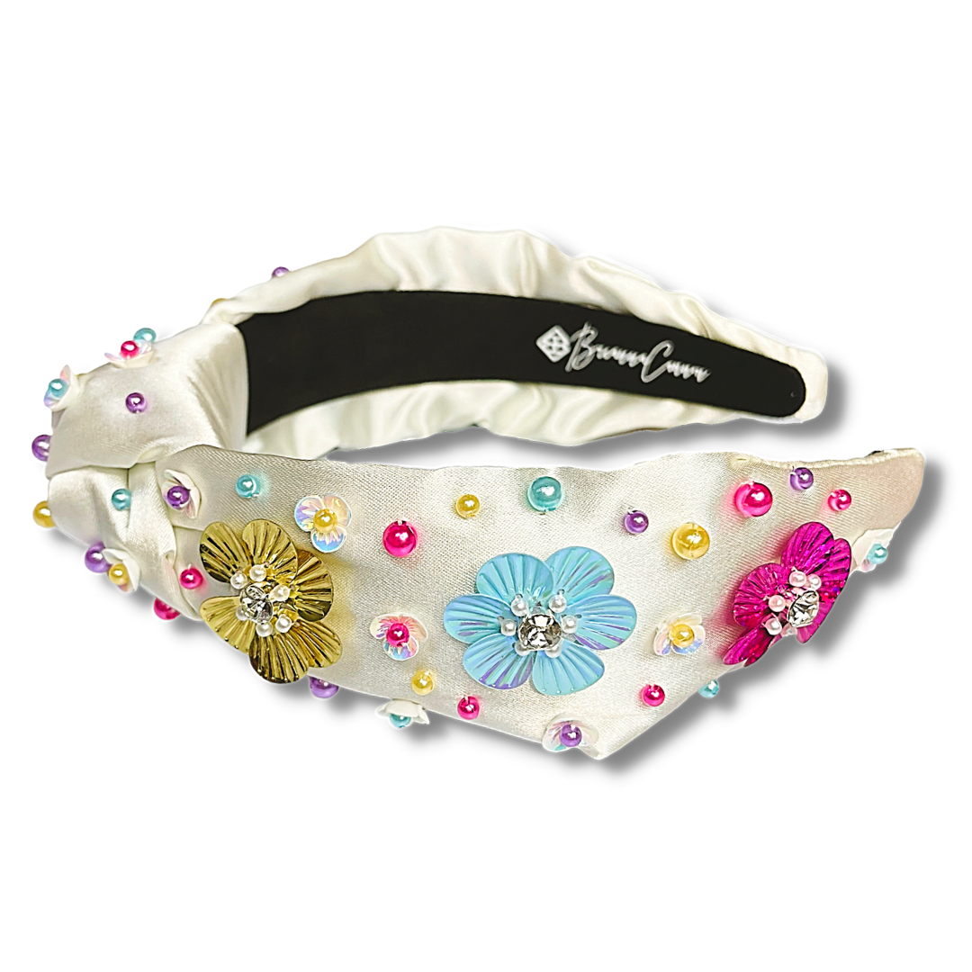 Brianna Cannon White Satin Headband with Large Sequin Flowers