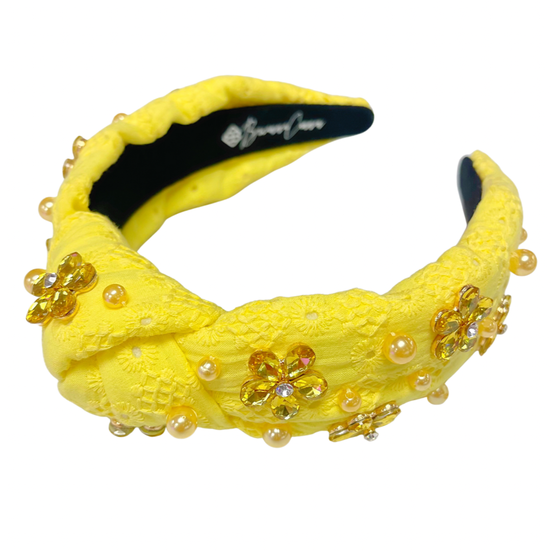 BRIANNA CANNON YELLOW EYELET HEADBAND WITH CRYSTAL FLOWERS