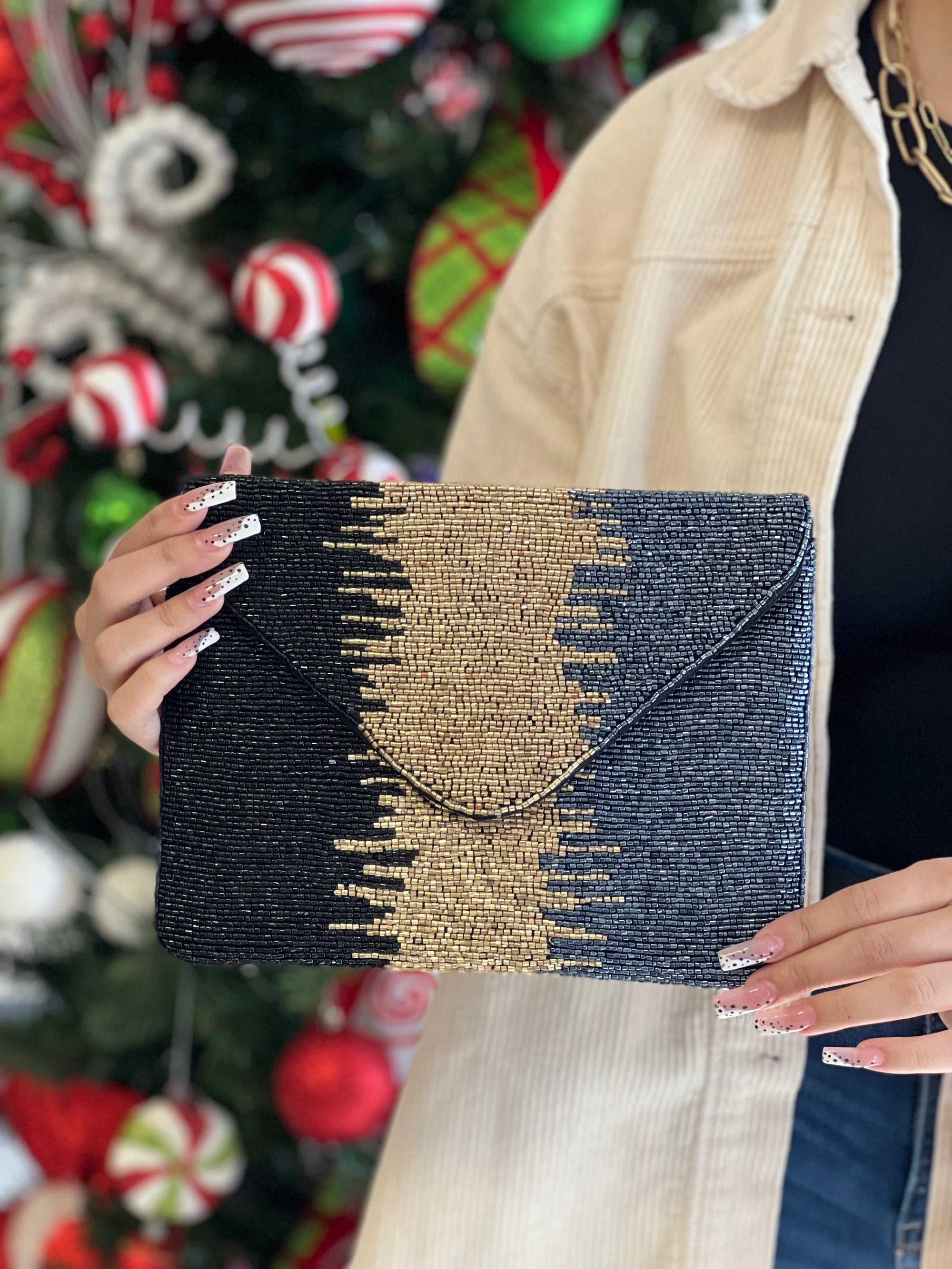 BLACK,GOLD & NAVY BEADED CLUTCH