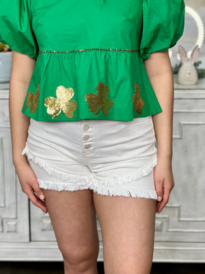 GREEN SHAMROCK QUEEN OF SPARKLES PEPLUM TOP