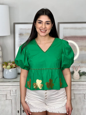 GREEN SHAMROCK QUEEN OF SPARKLES PEPLUM TOP