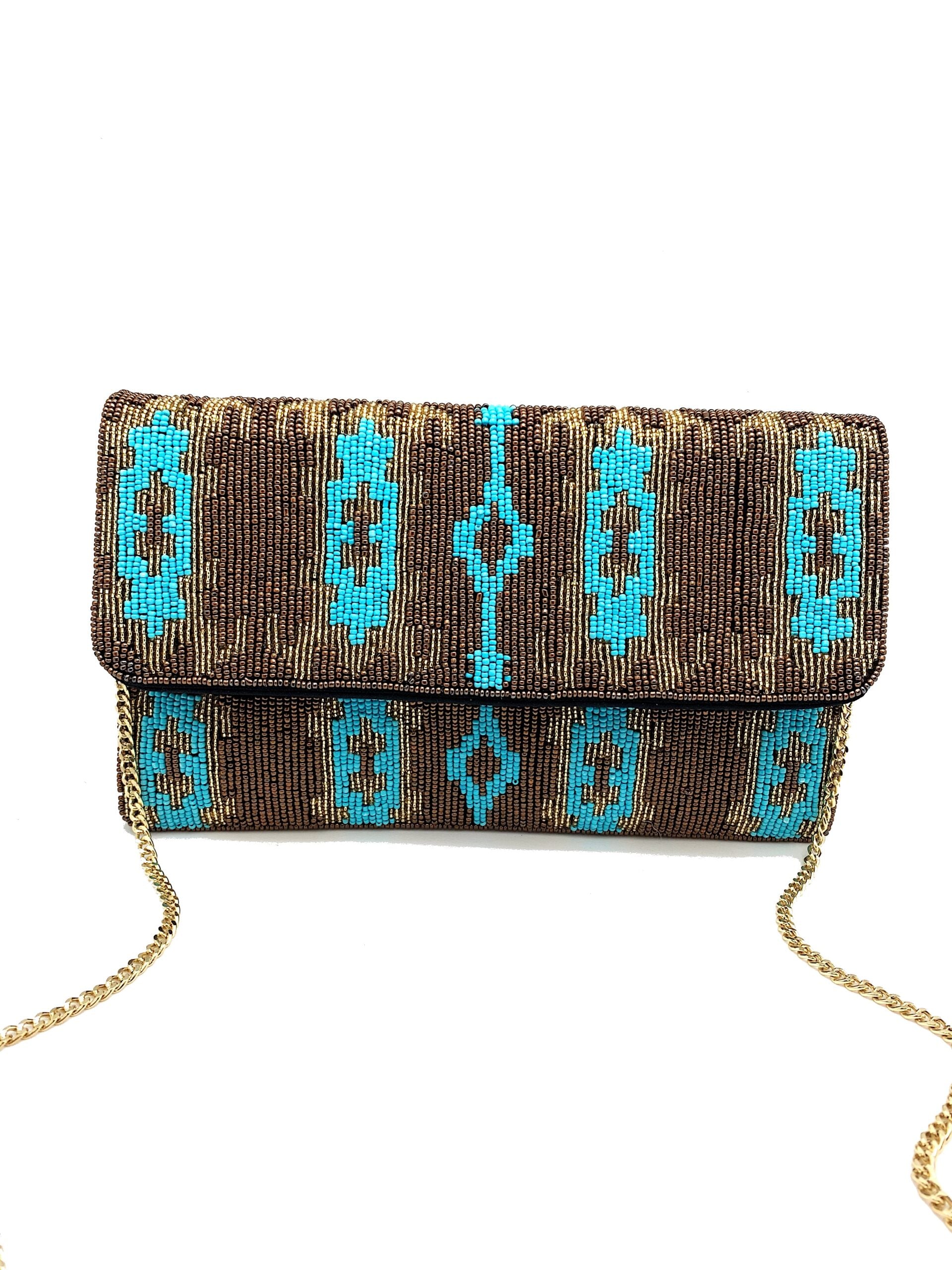 TURQUOISE AND BROWN CLUTCH