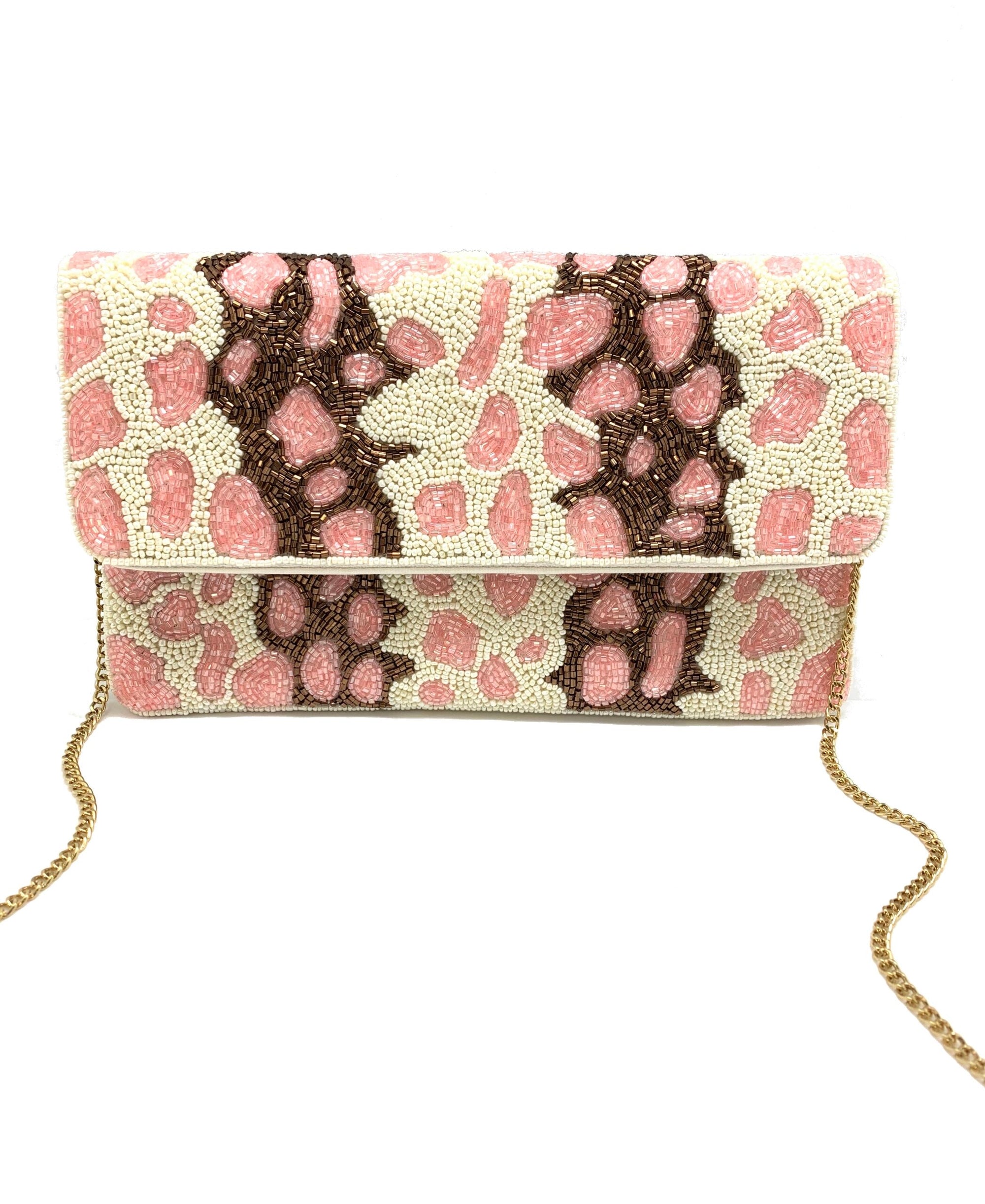 PINK LEOPARD BEADED CLUTCH