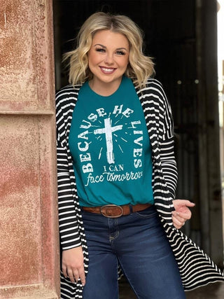 TEAL BECAUSE HE LIVES TEE