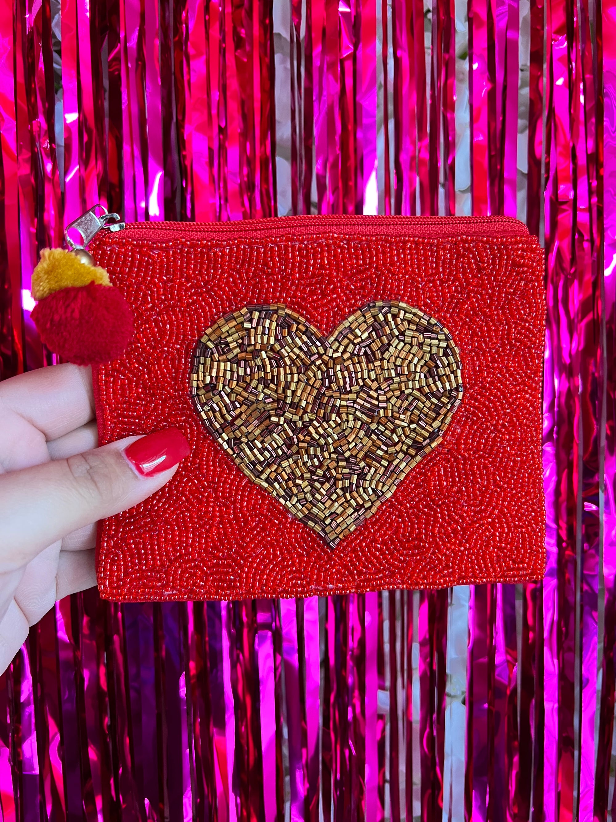 RED BEADED GOLD HEART COIN POUCH