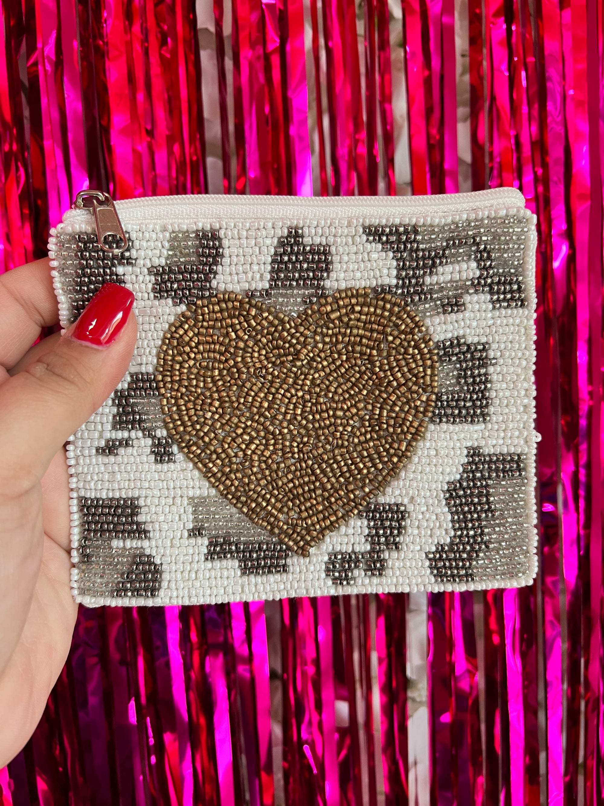 GOLD HEART CHEETAH PRINT BEADED COIN POUCH