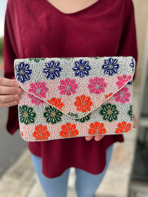 MULTI FLORAL BEADED CLUTCH