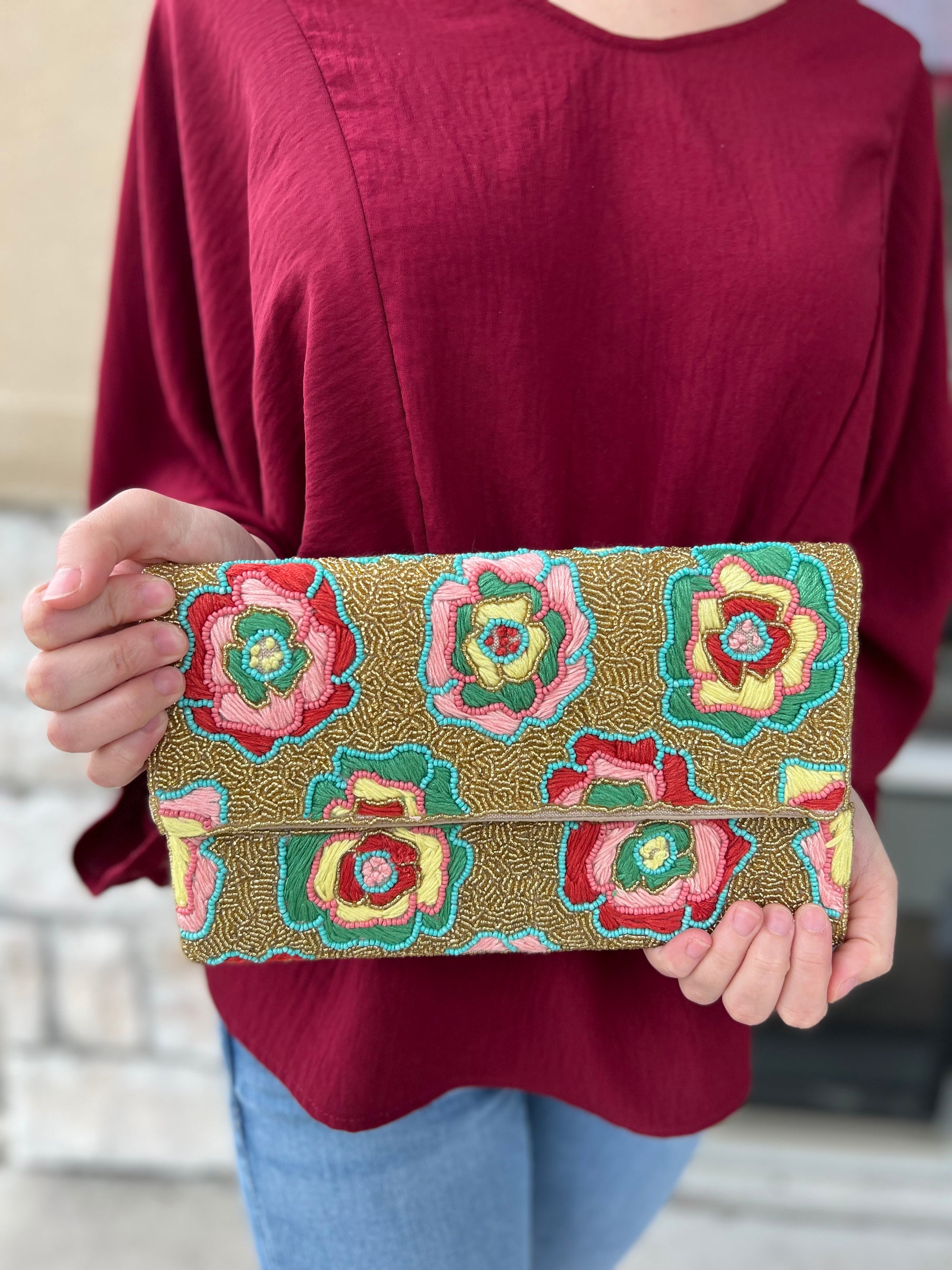 ROSE WITH GOLD BEADS CLUTCH