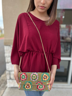 ROSE WITH GOLD BEADS CLUTCH