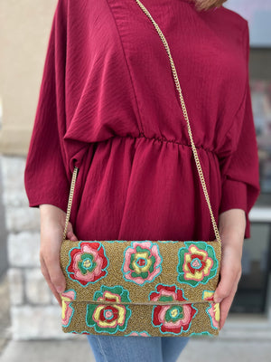 ROSE WITH GOLD BEADS CLUTCH