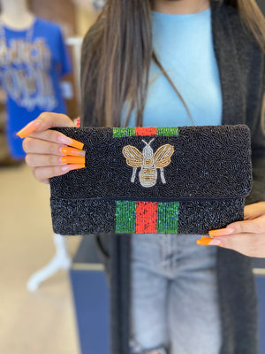 BLACK STRIPED BEE BEADED CLUTCH