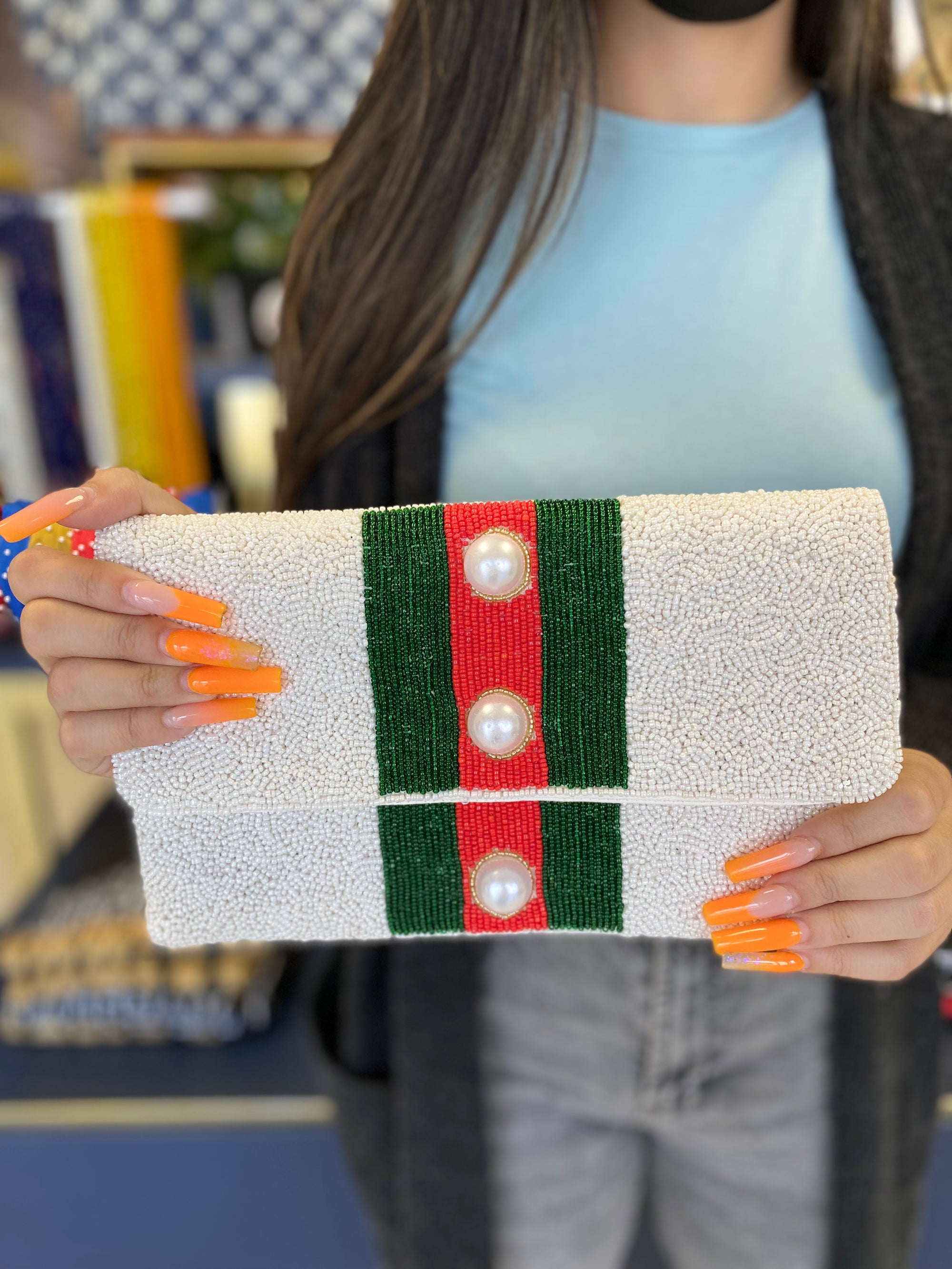 WHITE W/ PEARL & STRIPES BEADED CLUTCH