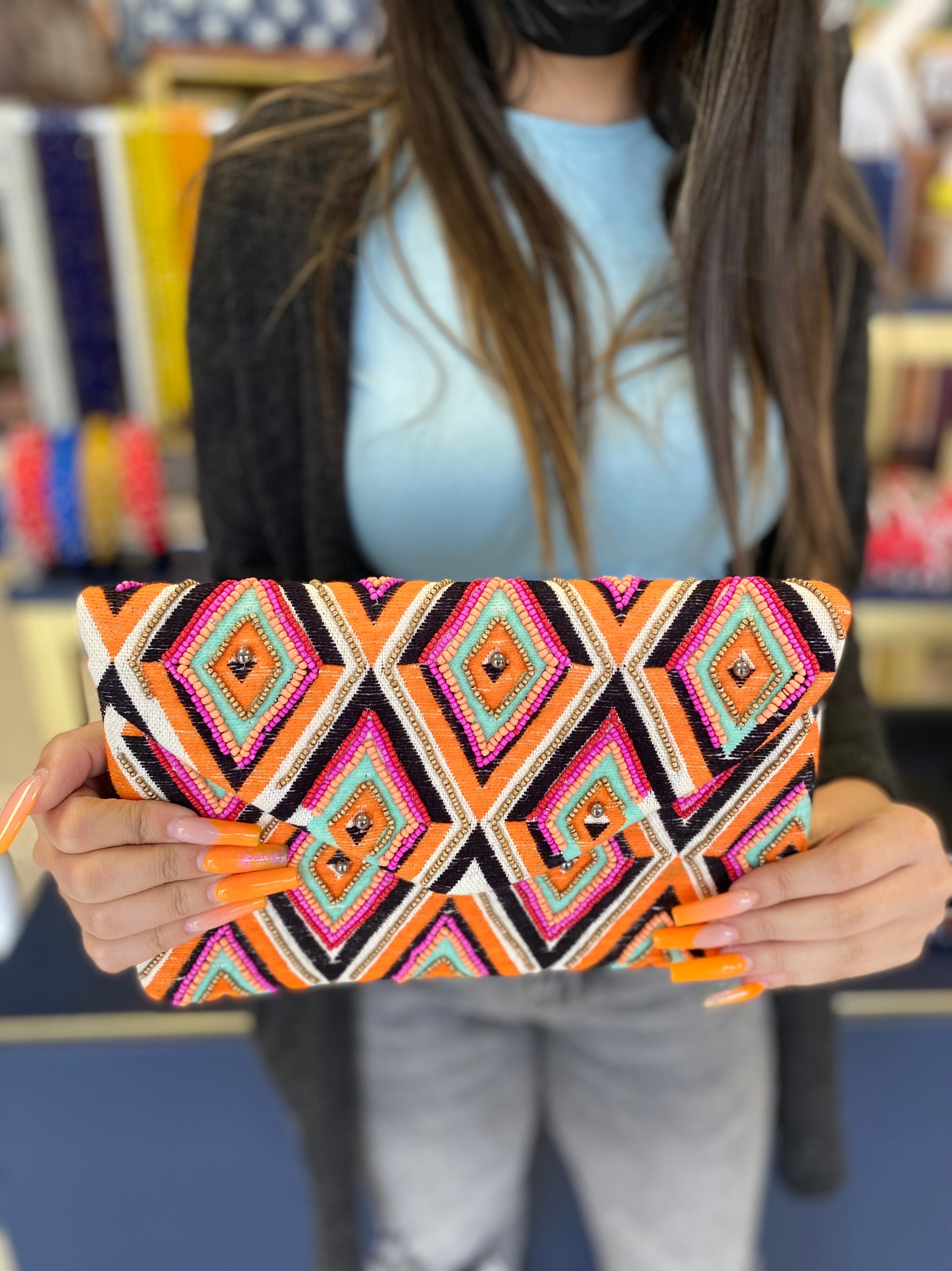 MULTI COLORED DIAMOND BEADED CLUTCH