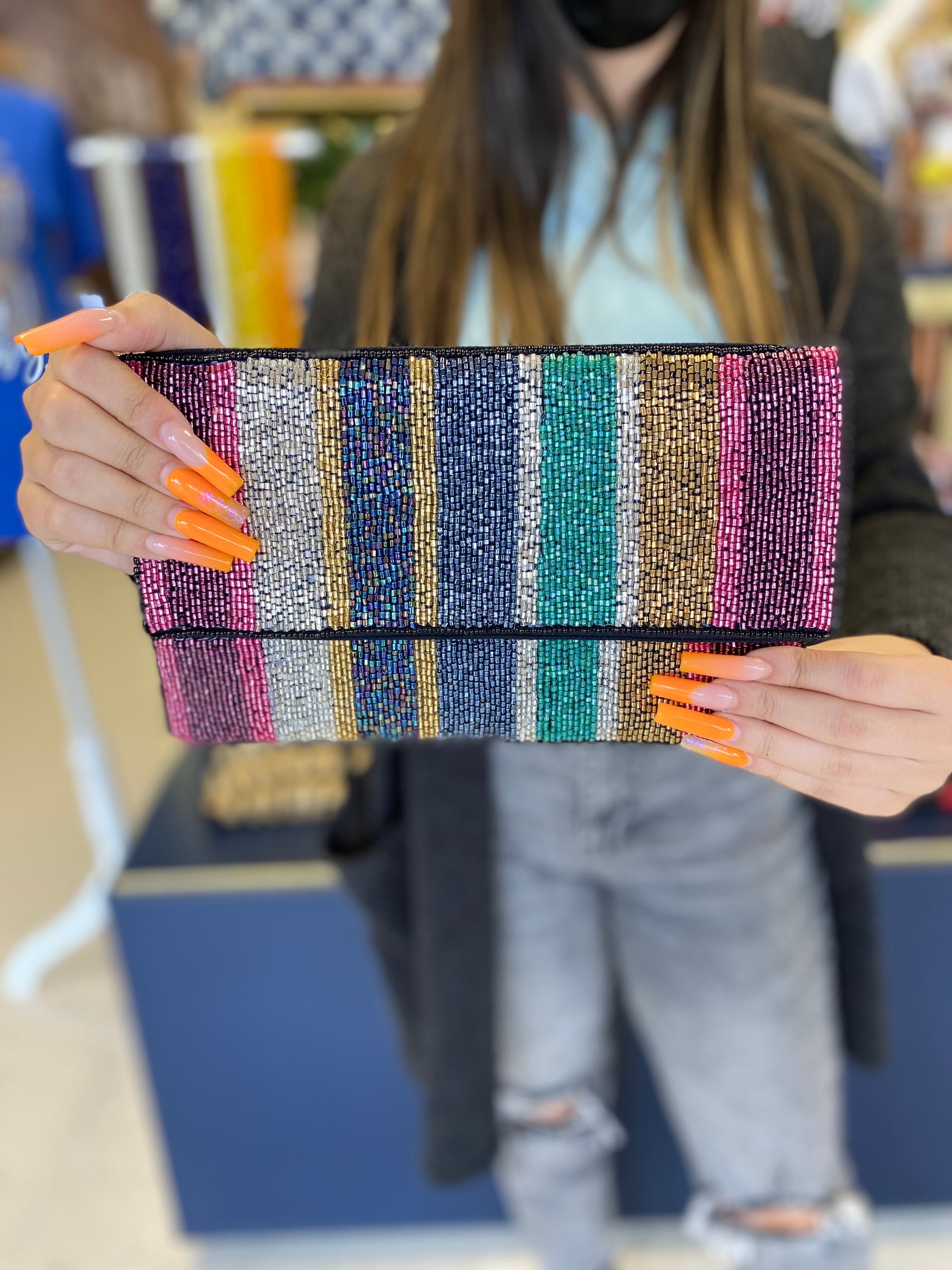 MULTI COLORED STRIPED BEADED CLUTCH