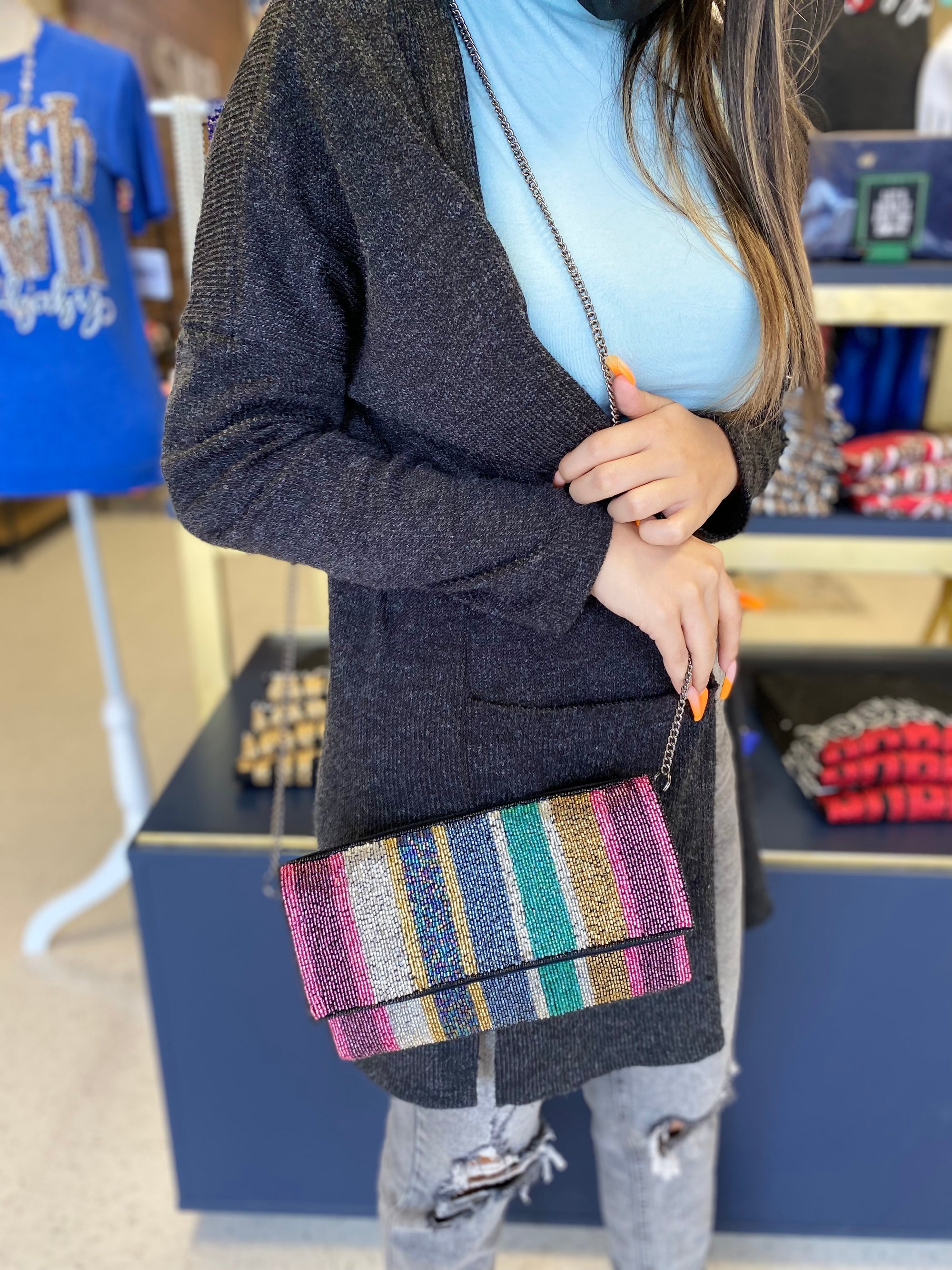 MULTI COLORED STRIPED BEADED CLUTCH