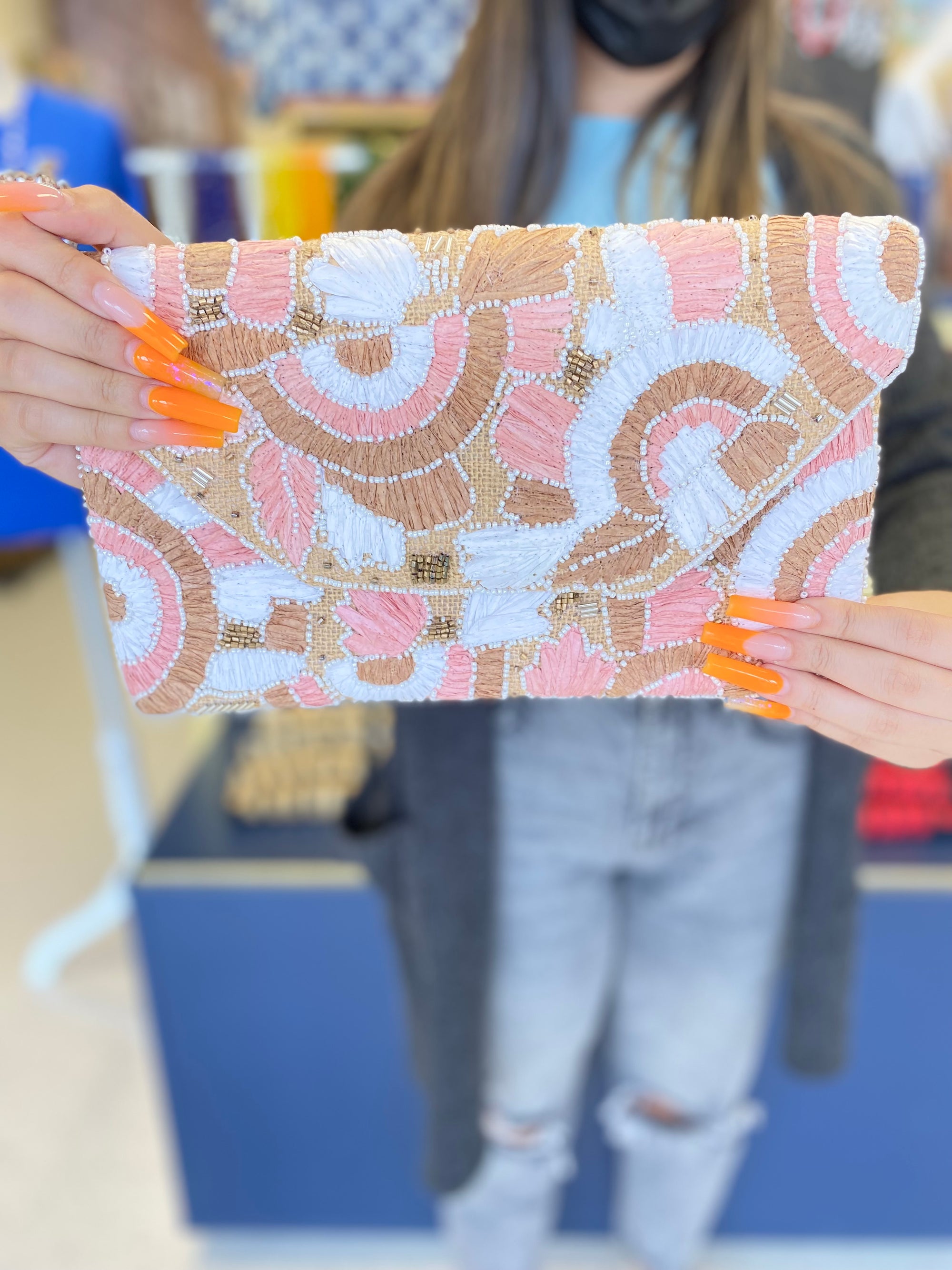 PINK STRAW EMBROIDERED & BEADED CLUTCH