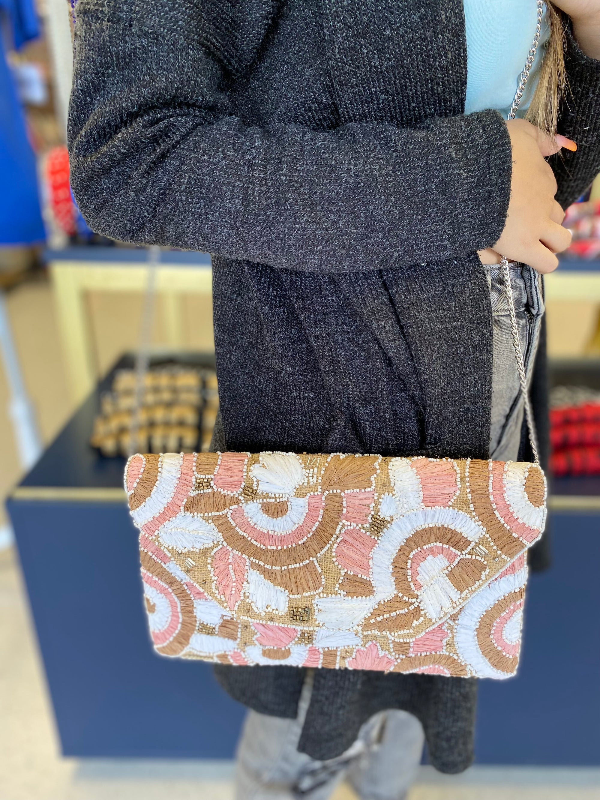 PINK STRAW EMBROIDERED & BEADED CLUTCH