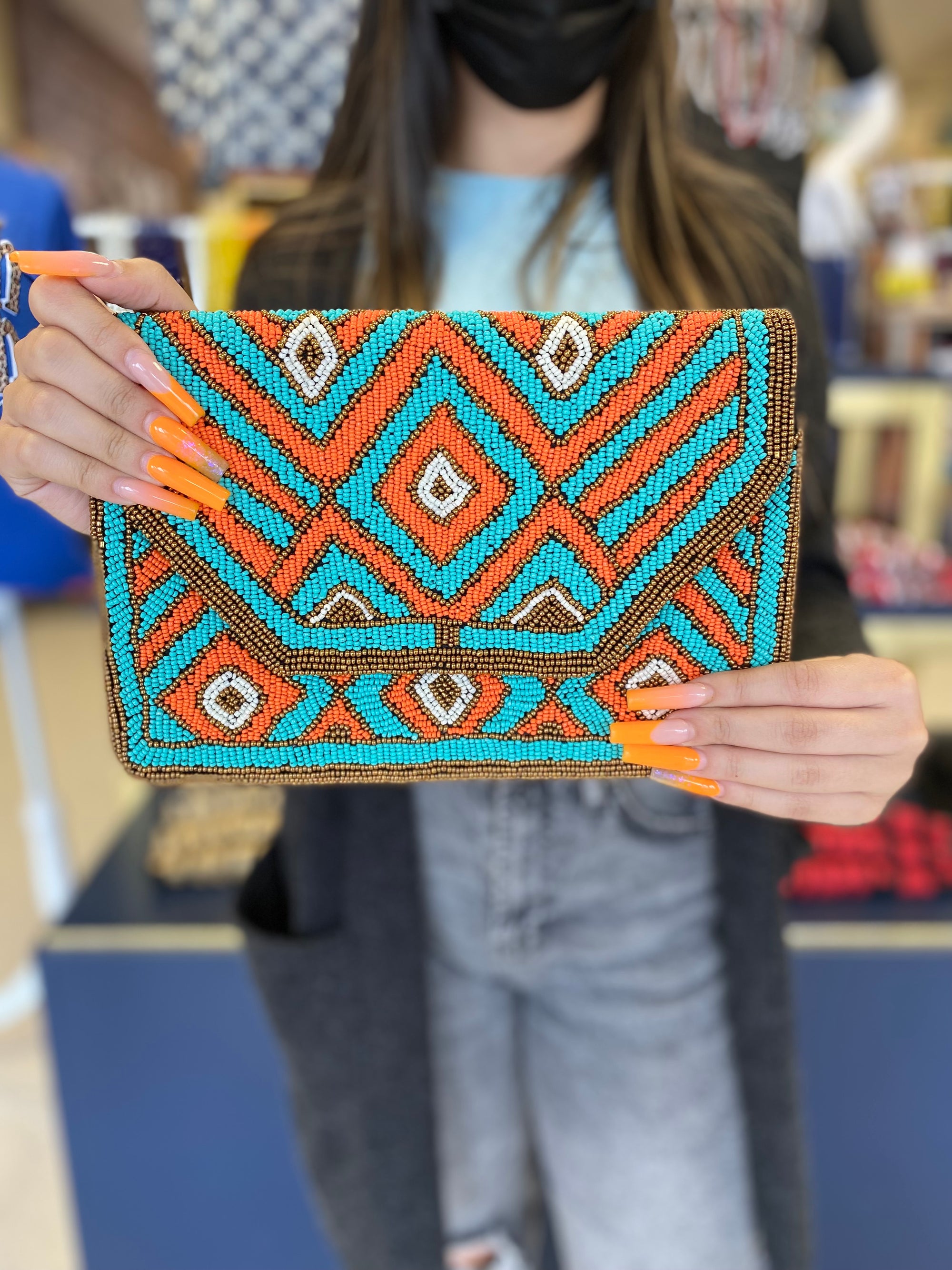 TURQUOISE & CORAL DIAMOND BEADED CLUTCH