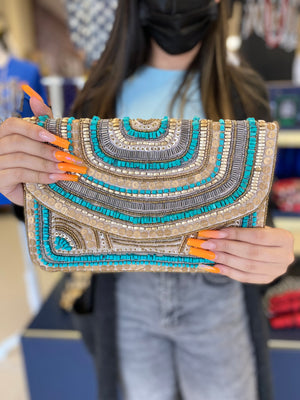 GOLD  & TURQUOISE BEADED CLUTCH