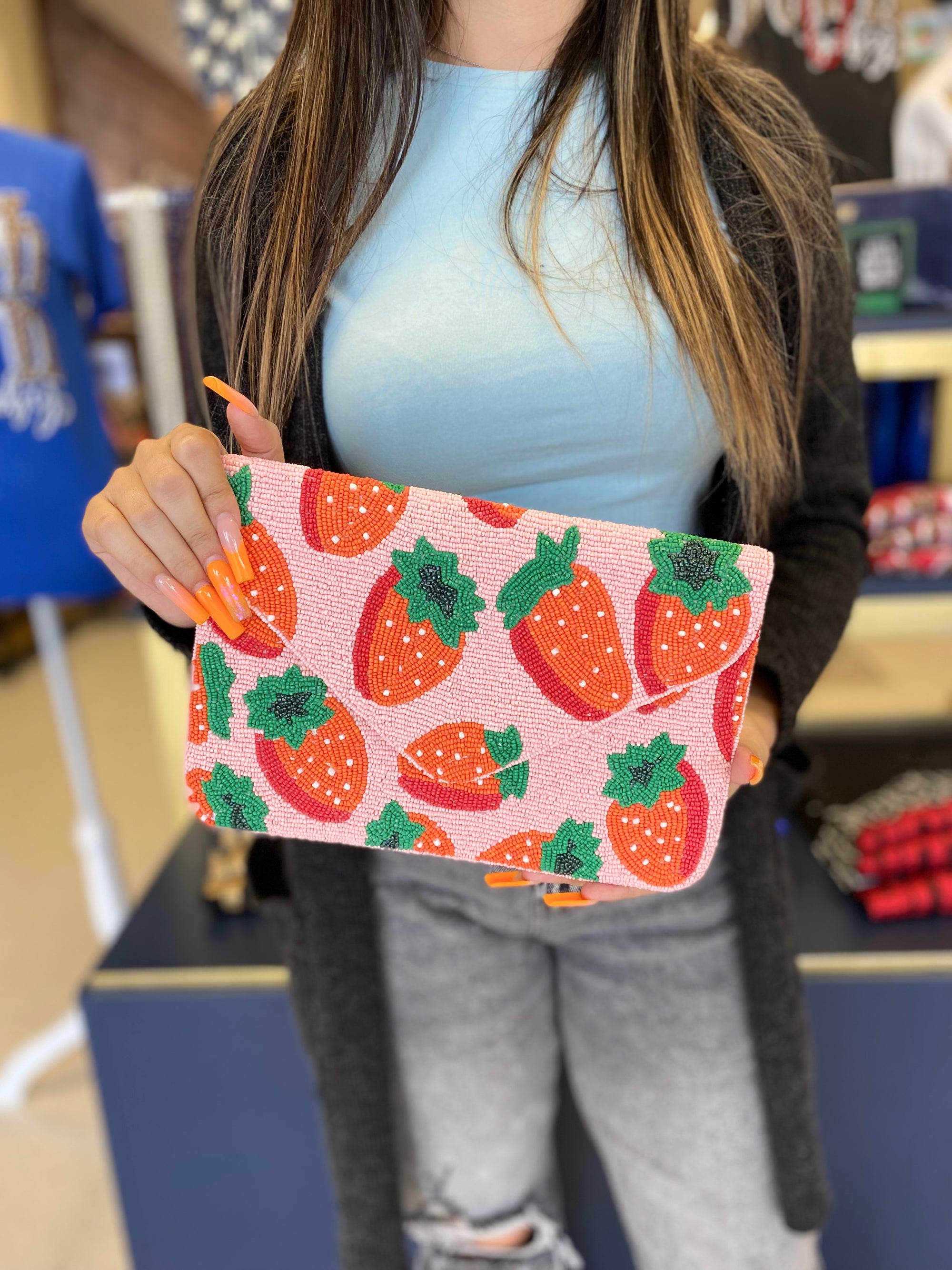 STRAWBERRY BEADED CLUTCH