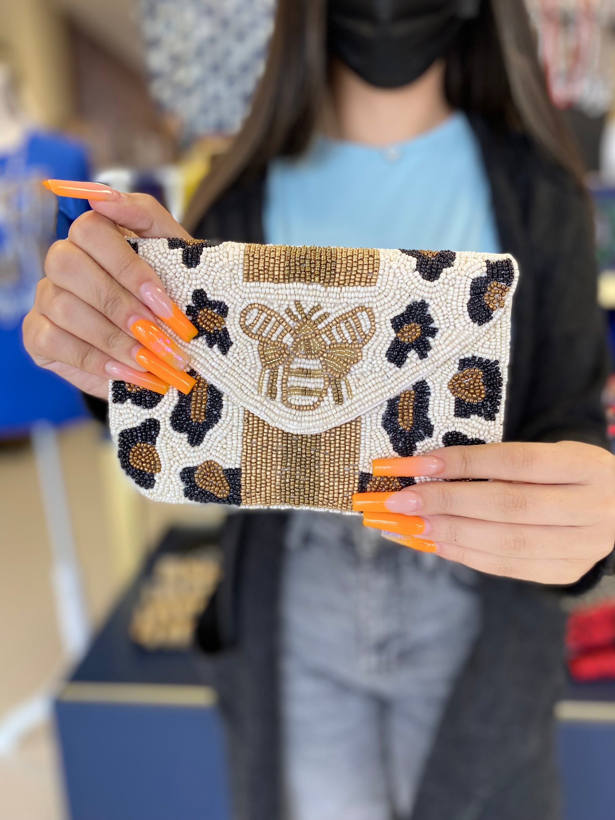 LEOPARD BEE BEADED MINI CLUTCH