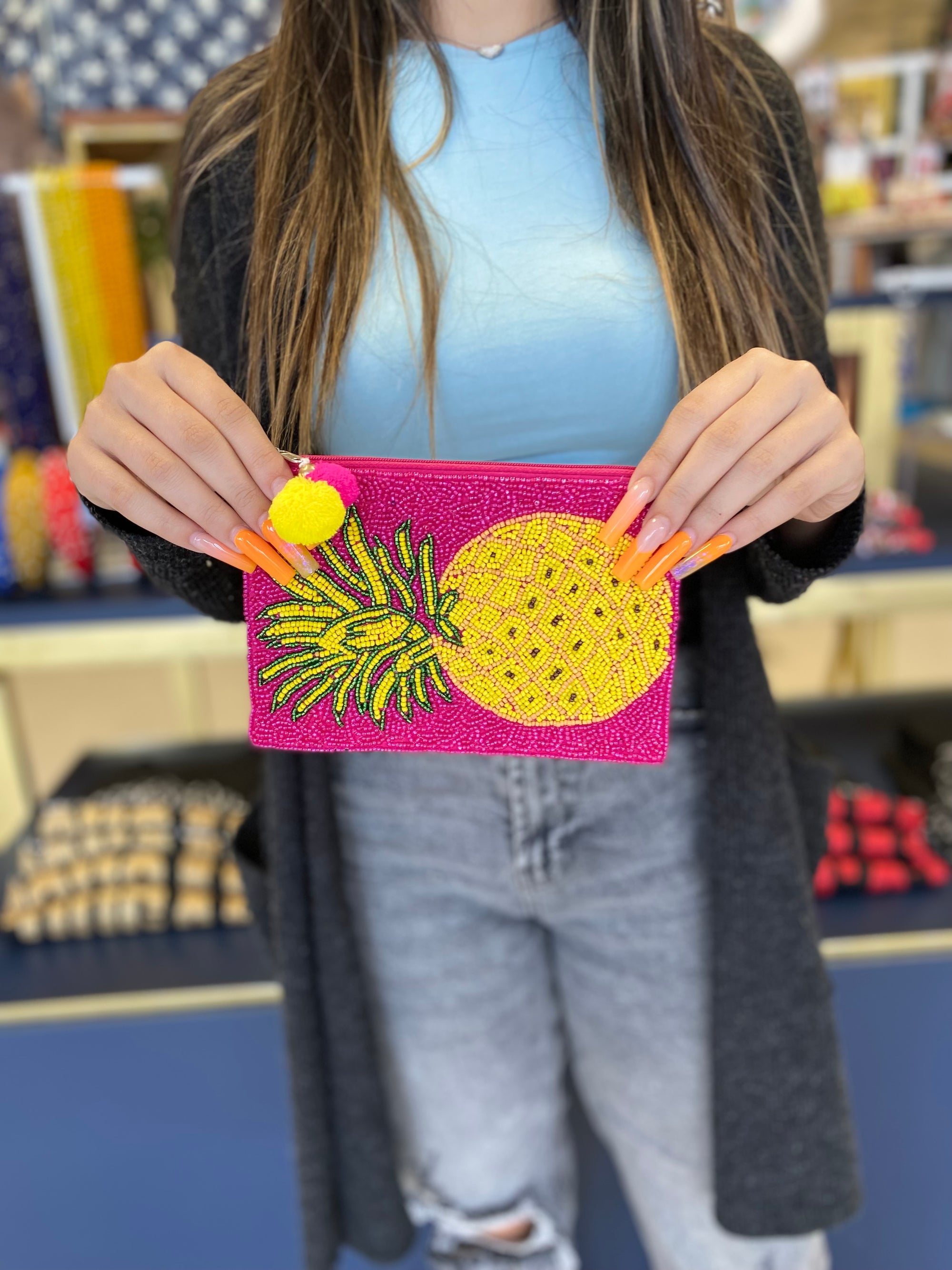 HOT PINK PINEAPPLE BEADED POUCH