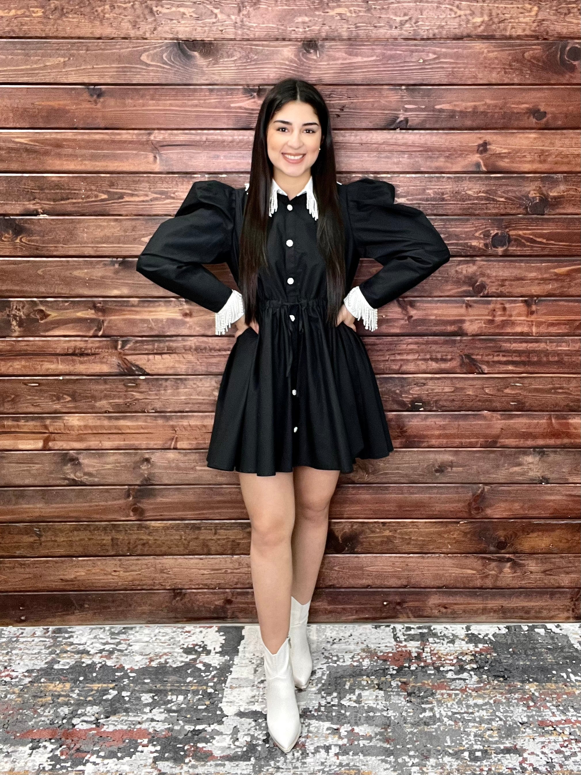 pearl collar black dress QUEEN OF SPARKLES BLACK & WHITE COLLAR PEARL DRESS