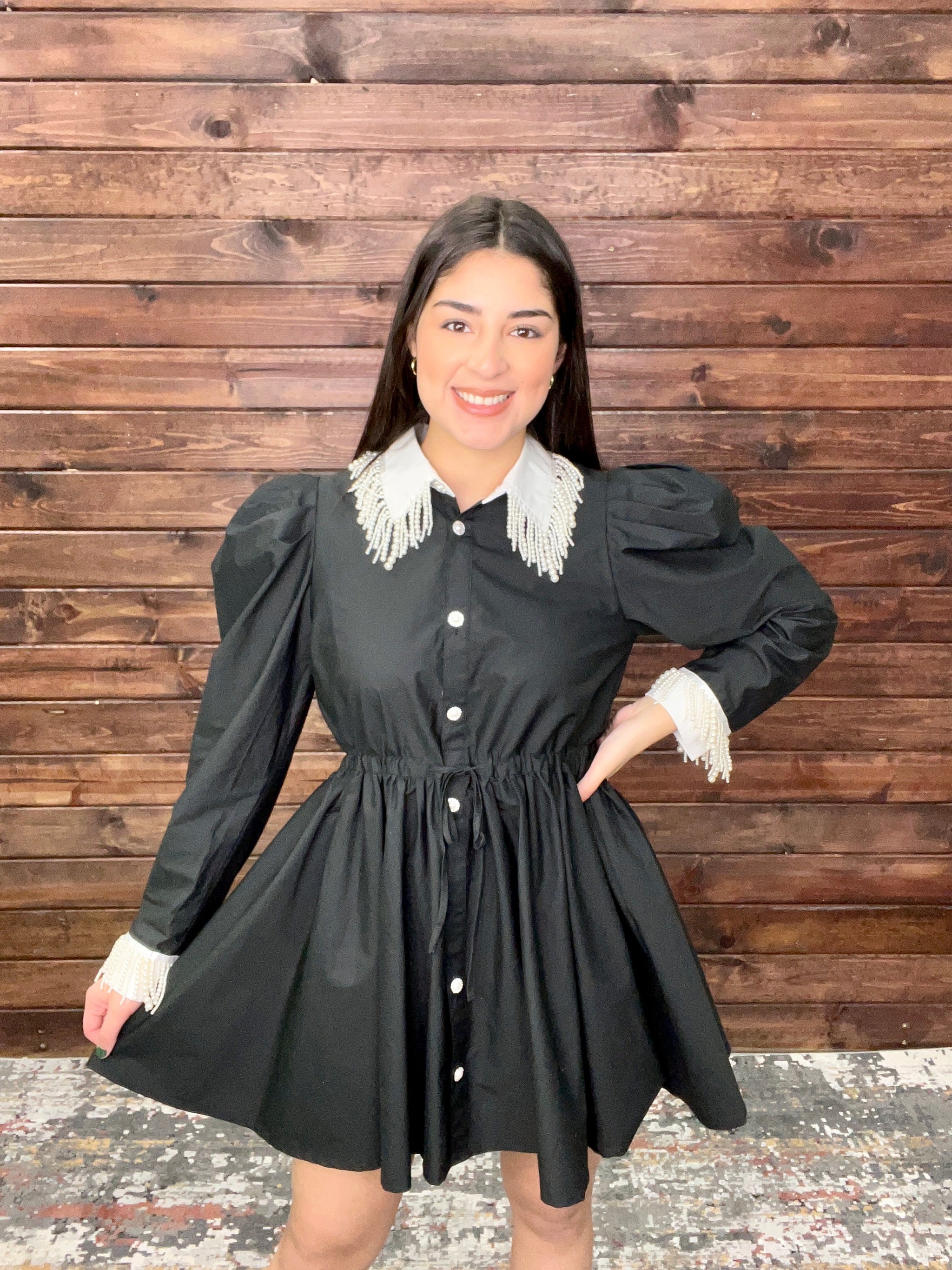 QUEEN OF SPARKLES BLACK & WHITE COLLAR PEARL DRESS - Southern Melon Boutique QUEEN OF SPARKLES BLACK & WHITE COLLAR PEARL DRESS - Southern Melon Boutique