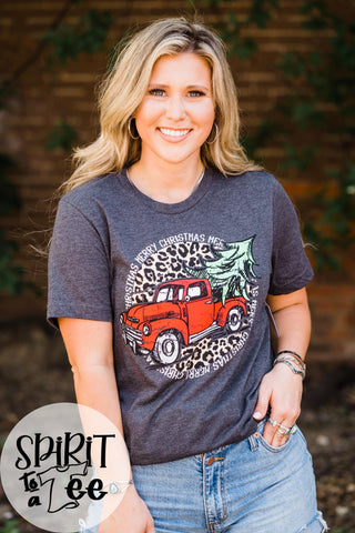MERRY CHRISTMAS RED TRUCK V NECK TEE