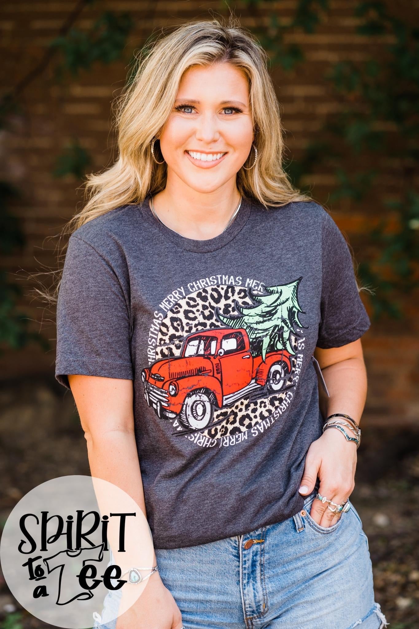 MERRY CHRISTMAS RED TRUCK V NECK TEE